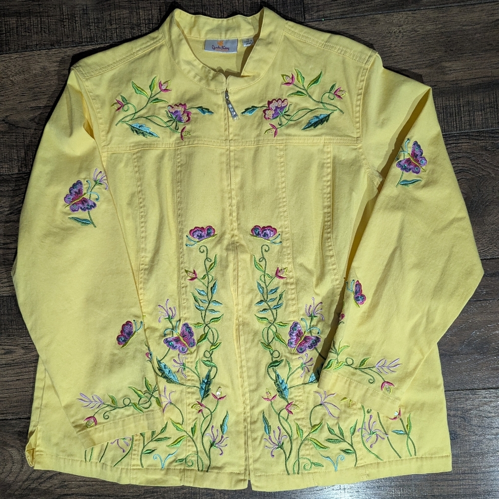 Quacker Factory Yellow Embroidered Jacket Size 1X Floral Butterfly Spring Zip